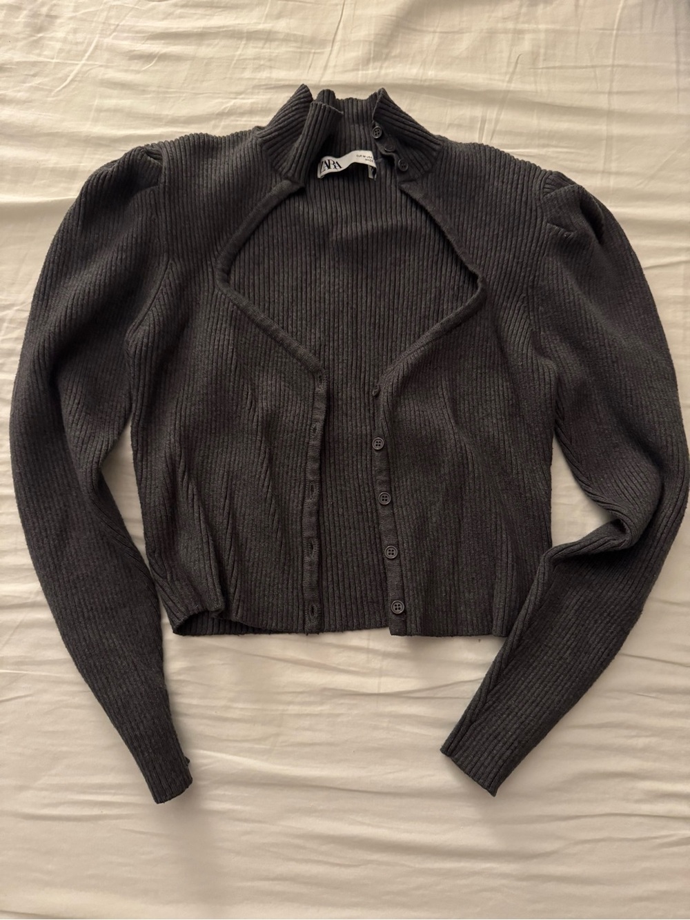 ZARA Dark Charcoal Ribbed Button-Front Cropped Cardigan